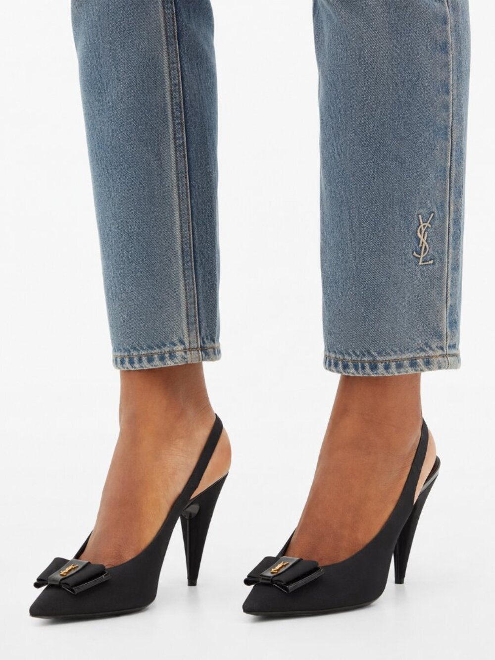Saint Laurent YSL Black Grosgrain Bow Slingback Pumps Gold Logo Pointed Toe